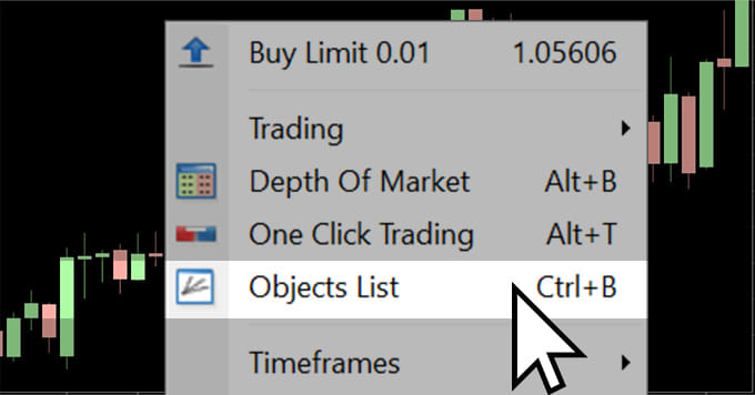 Right-click on the chart and select 'Objects List' from the menu