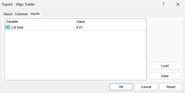 EA inputs tab with Lot Size input