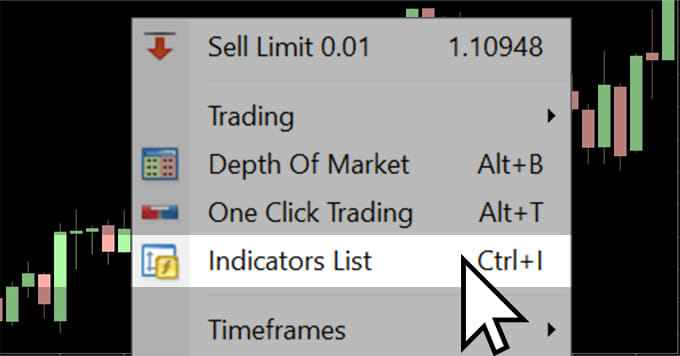 Right-click on the chart and select 'Indicators List' from the menu